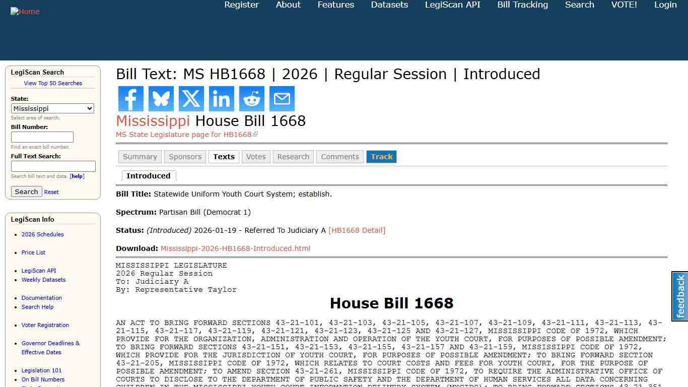 Bill Text: MS HB1668 2026 Regular Session Introduced LegiScan